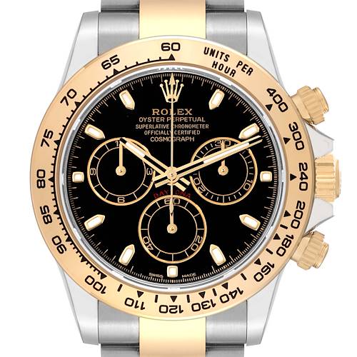 This Rolex Daytona 116503 Men's Steel and Gold (two tone) Black Dial 116503 Men's Steel and Gold (two tone) Black Dial watch is shown from a front angle, prominently displaying the face, bezel, and push buttons.
