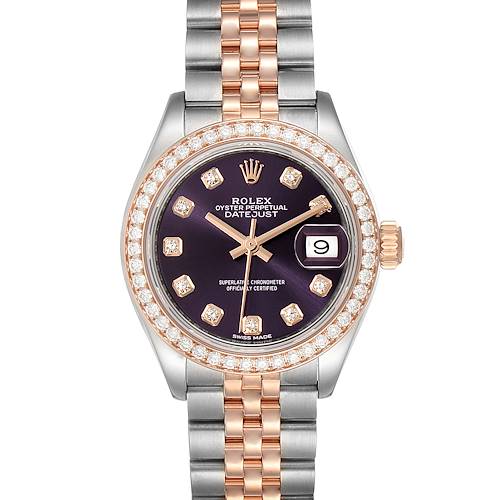The image shows a front view of a Rolex Datejust 279381 Women's Steel and Gold (two tone) Blue Dial 279381 Women's Steel and Gold (two tone) Blue Dial watch with a two-tone bracelet, diamond bezel, and date window.
