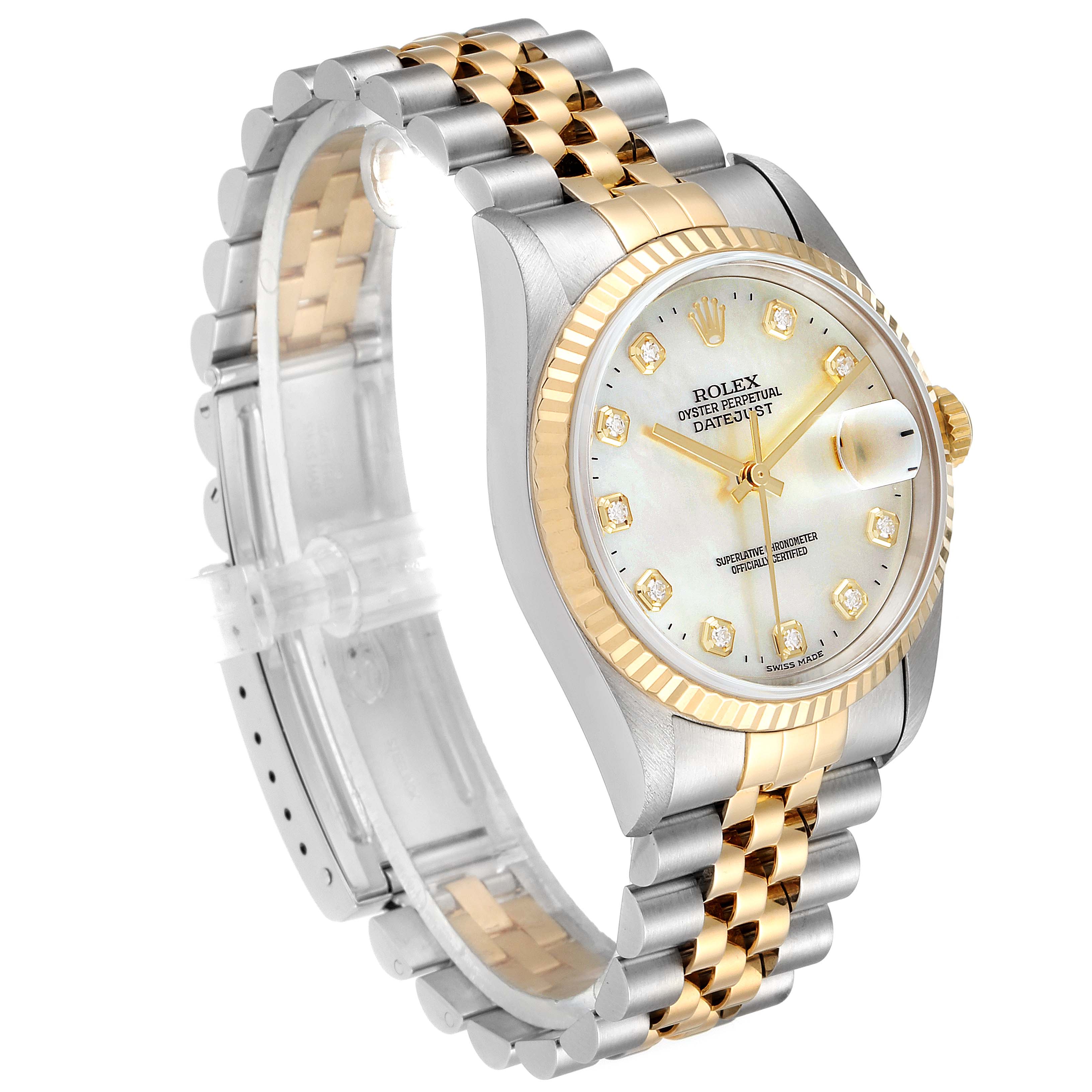 This image shows a Rolex Datejust 16233 Men's Steel and Gold (two tone) Mother of Pearl Dial 16233 Men's Steel and Gold (two tone) Mother of Pearl Dial watch from an angled side view, highlighting the face, bezel, and part of the bracelet.