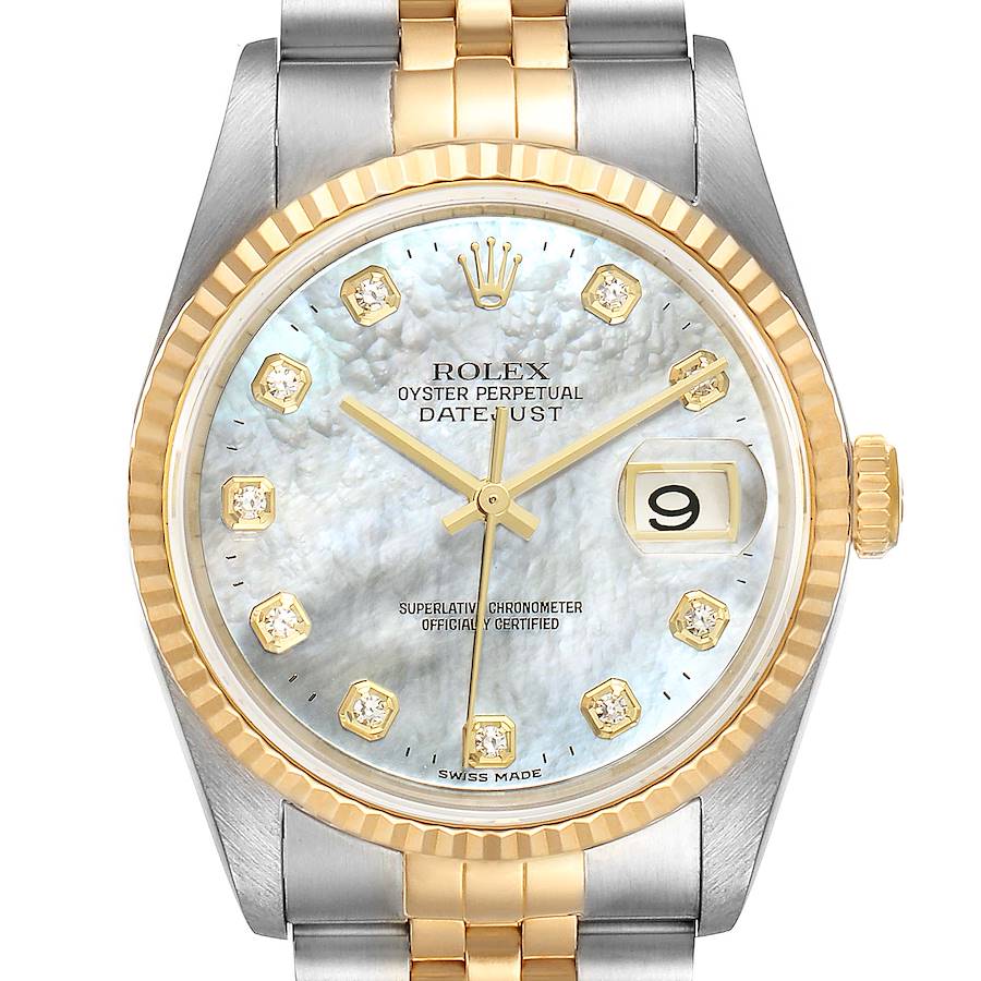 This is a front view of the Rolex Datejust 16233 Men's Steel and Gold (two tone) Mother of Pearl Dial 16233 Men's Steel and Gold (two tone) Mother of Pearl Dial watch, showing its mother-of-pearl dial, gold bezel, and two-tone bracelet.
