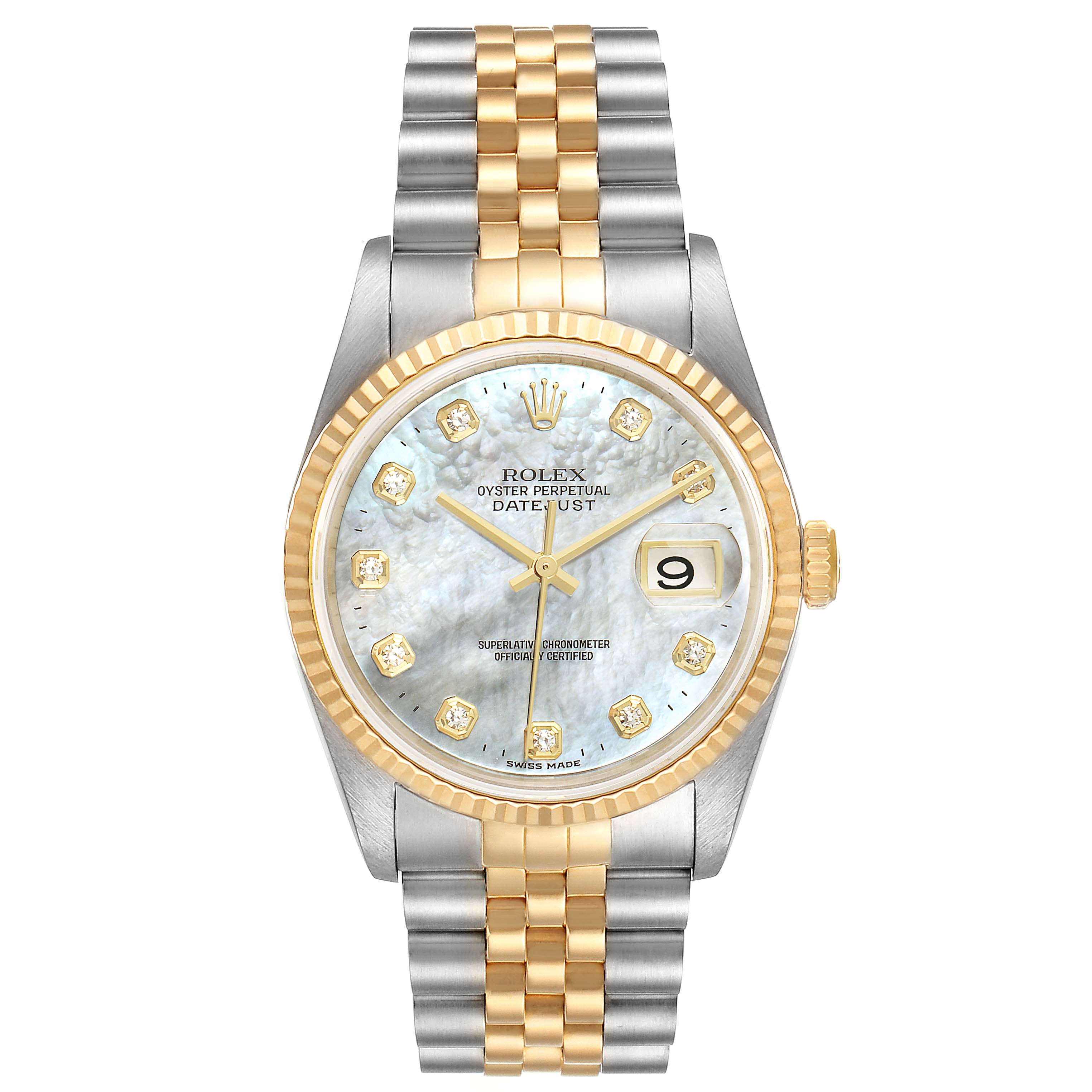 The image shows a Rolex Datejust 16233 Men's Steel and Gold (two tone) Mother of Pearl Dial 16233 Men's Steel and Gold (two tone) Mother of Pearl Dial watch with a two-tone metal bracelet and a mother-of-pearl dial at a straight-on angle.