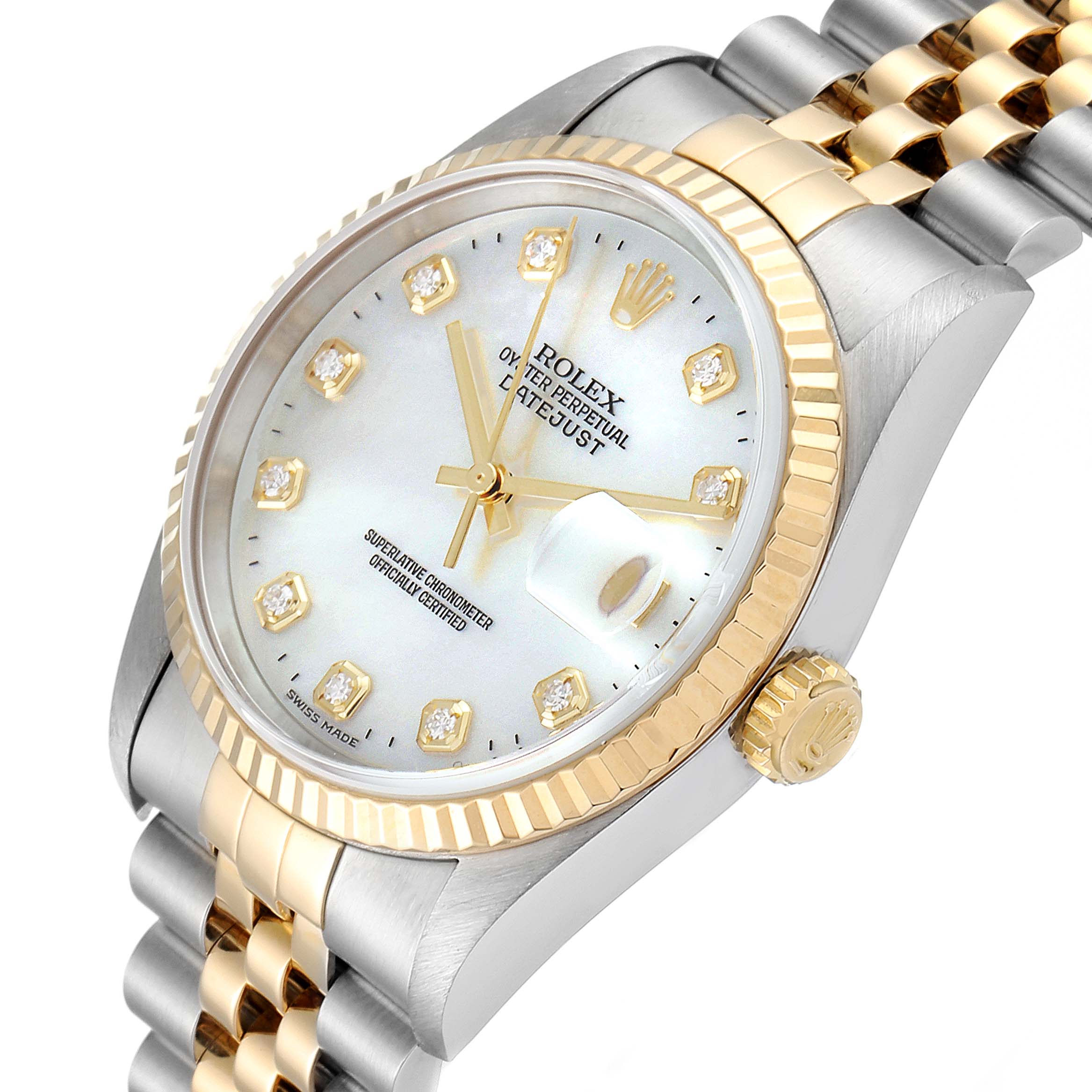 The image shows a Rolex Datejust 16233 Men's Steel and Gold (two tone) Mother of Pearl Dial 16233 Men's Steel and Gold (two tone) Mother of Pearl Dial watch at an angled close-up, highlighting the face, bezel, crown, and part of the band.