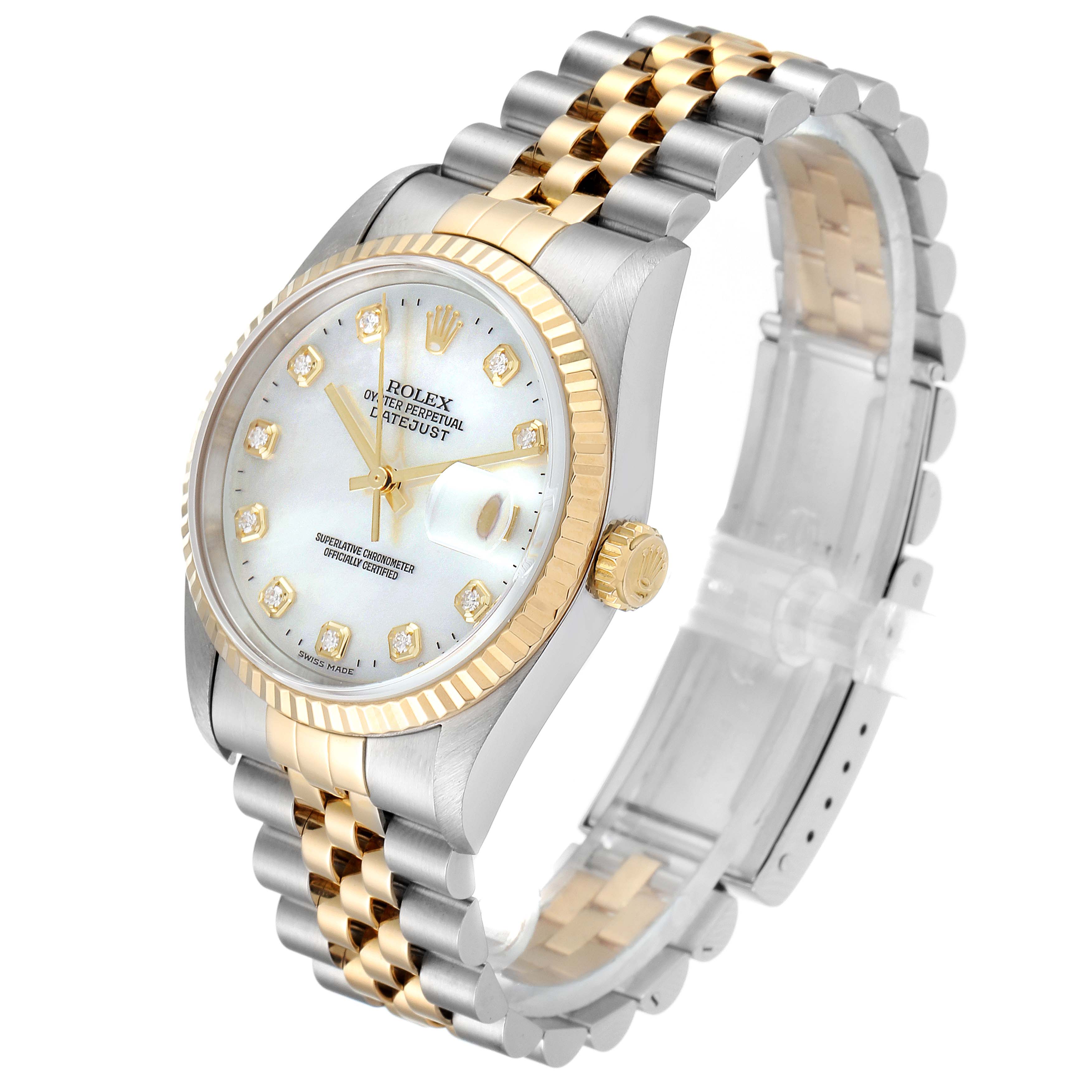 The Rolex Datejust 16233 Men's Steel and Gold (two tone) Mother of Pearl Dial 16233 Men's Steel and Gold (two tone) Mother of Pearl Dial watch is shown at a slight angle, highlighting the dial, bezel, and two-tone bracelet.