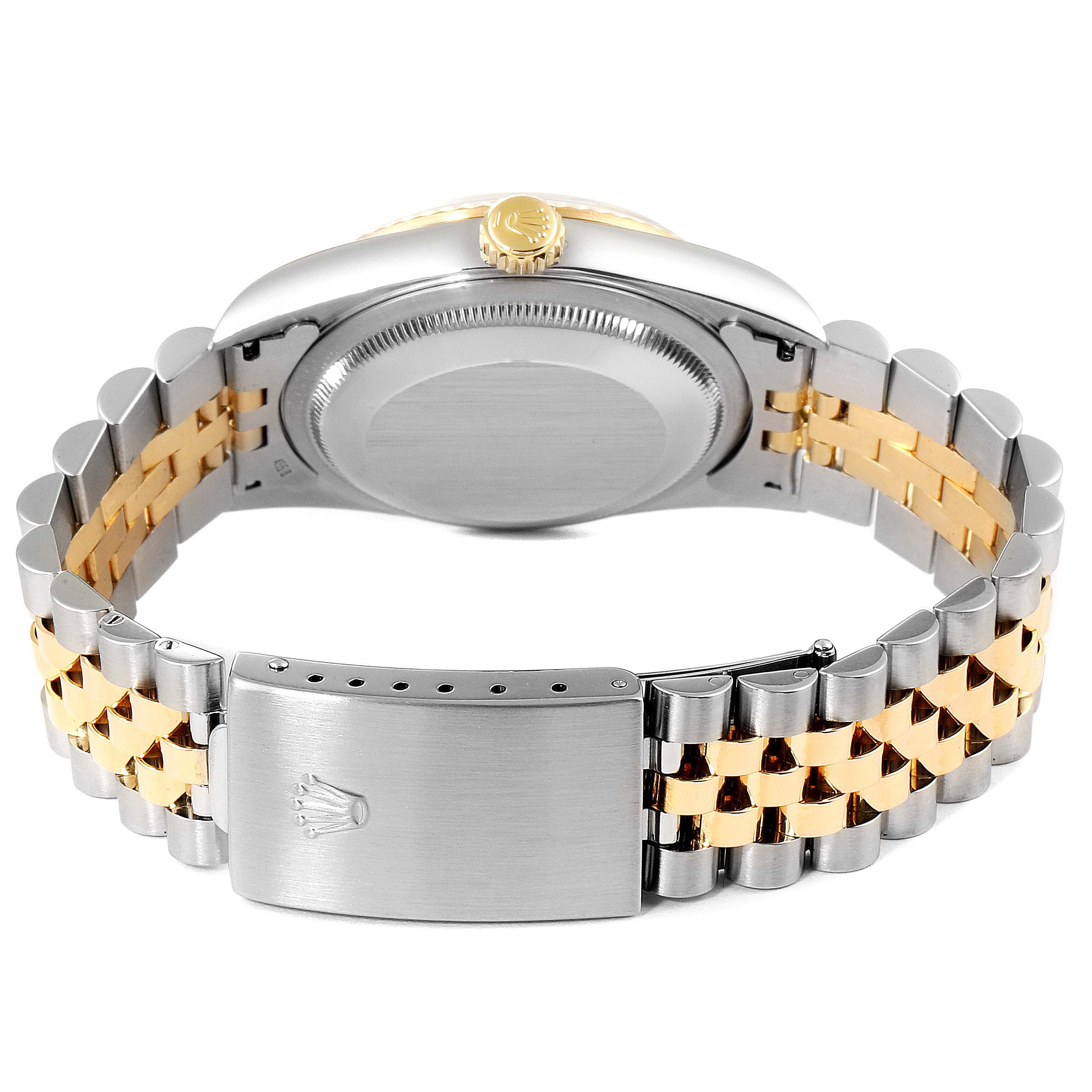 The image shows the back of a Rolex Datejust 16233 Men's Steel and Gold (two tone) Mother of Pearl Dial 16233 Men's Steel and Gold (two tone) Mother of Pearl Dial watch, highlighting its clasp, case back, and two-tone bracelet.