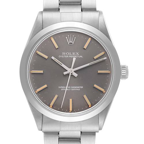 The image shows the Rolex Oyster Perpetual 1002 Men's Stainless Steel Grey Dial 1002 Men's Stainless Steel Grey Dial watch from the front, displaying its dial, hands, case, and part of its bracelet.