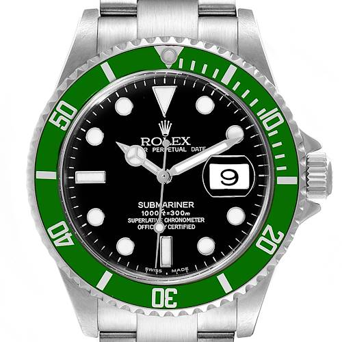 This image shows the front view of a Rolex Submariner 16610LV Men's Stainless Steel Black Dial 16610LV Men's Stainless Steel Black Dial watch, highlighting the green bezel, face, and date display.