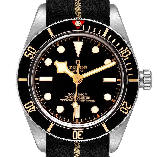 The image shows a front view of the Tudor Heritage Black Bay 79030N Men's Stainless Steel Black Dial 79030N Men's Stainless Steel Black Dial watch, highlighting the dial, bezel, and strap.