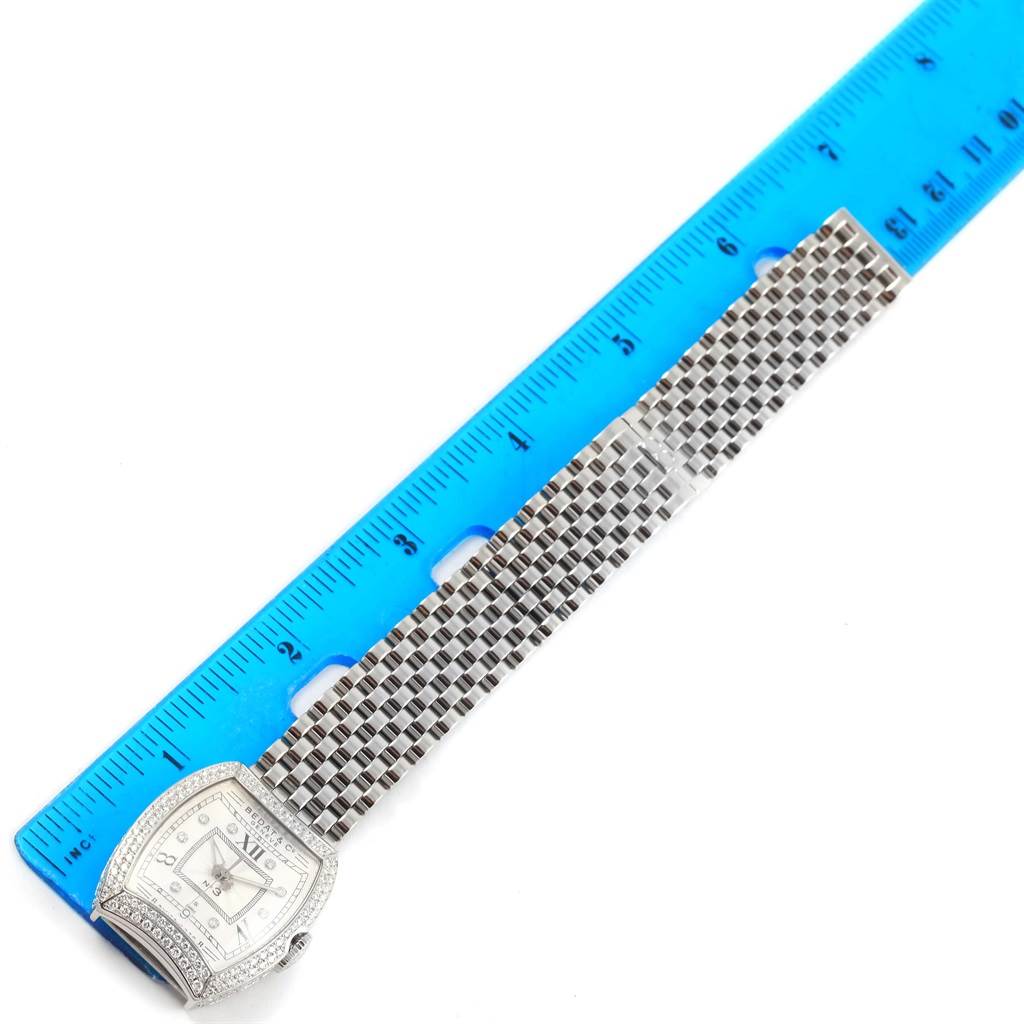 The image shows a Bedat 314.051.109 Women's Stainless Steel Silver Dial 314.051.109 Women's Stainless Steel Silver Dial No. 3 Stainless Steel Diamond Ladies Watch 314.051.109 laid next to a blue ruler for scale.