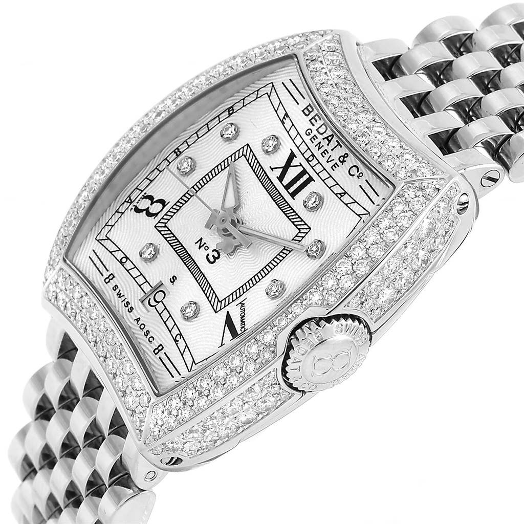 The image shows a side angle of the Bedat 314.051.109 Women's Stainless Steel Silver Dial 314.051.109 Women's Stainless Steel Silver Dial No. 3 Stainless Steel Diamond Ladies Watch 314.051.109, highlighting its dial, bezel, and crown.