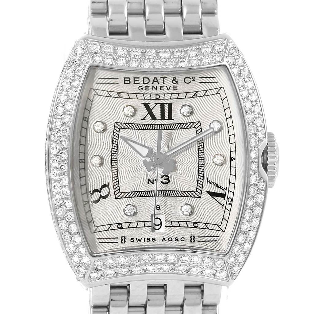 The image shows the face and bezel of the Bedat 314.051.109 Women's Stainless Steel Silver Dial 314.051.109 Women's Stainless Steel Silver Dial No. 3 Stainless Steel Diamond Ladies Watch 314.051.109 model from a top-down angle.