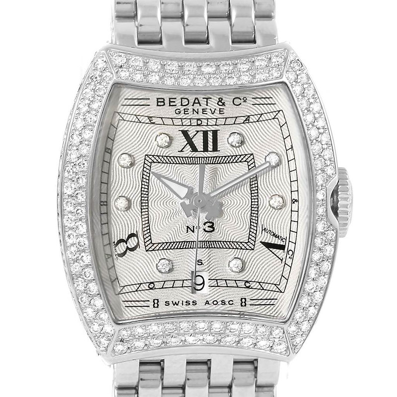 The image shows the face and bezel of the Bedat 314.051.109 Women's Stainless Steel Silver Dial 314.051.109 Women's Stainless Steel Silver Dial No. 3 Stainless Steel Diamond Ladies Watch 314.051.109 model from a top-down angle.