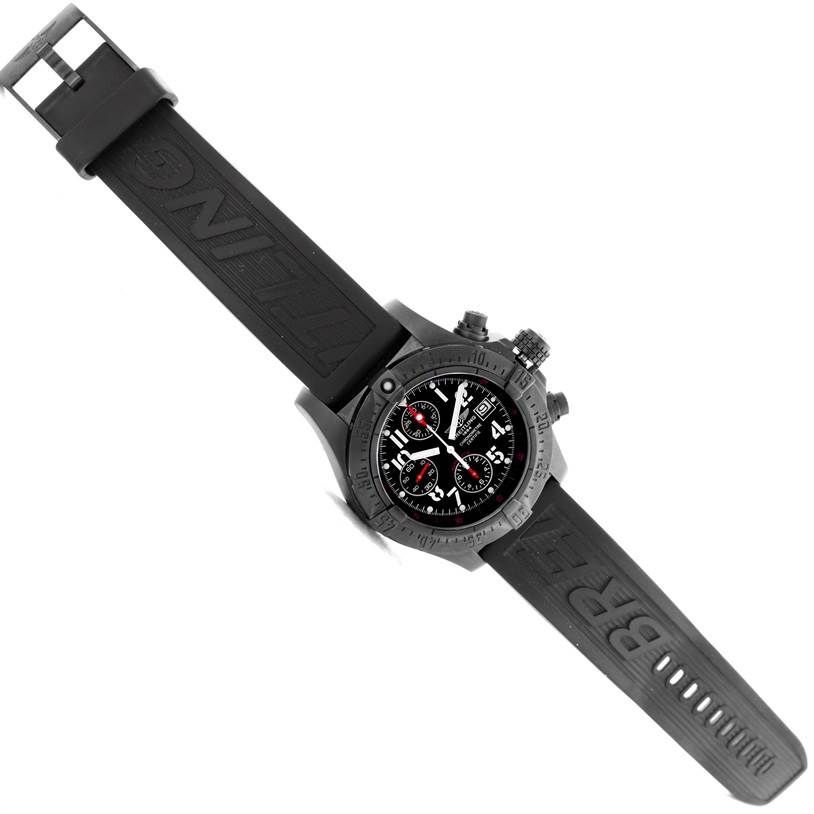 The image shows a Breitling Avenger M73390 Men's Stainless Steel Black Dial M73390 Men's Stainless Steel Black Dial watch at a top-down angle, highlighting the watch face, bezel, pushers, and silicone band.