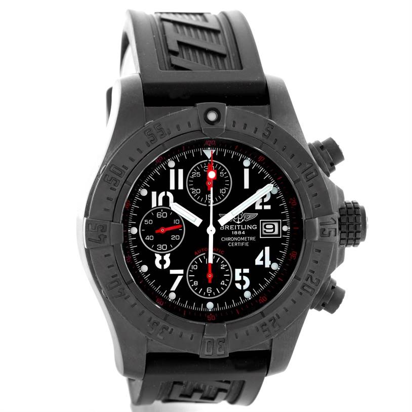 This image shows a front view of the Breitling Avenger M73390 Men's Stainless Steel Black Dial M73390 Men's Stainless Steel Black Dial watch, featuring the dial, bezel, and strap.