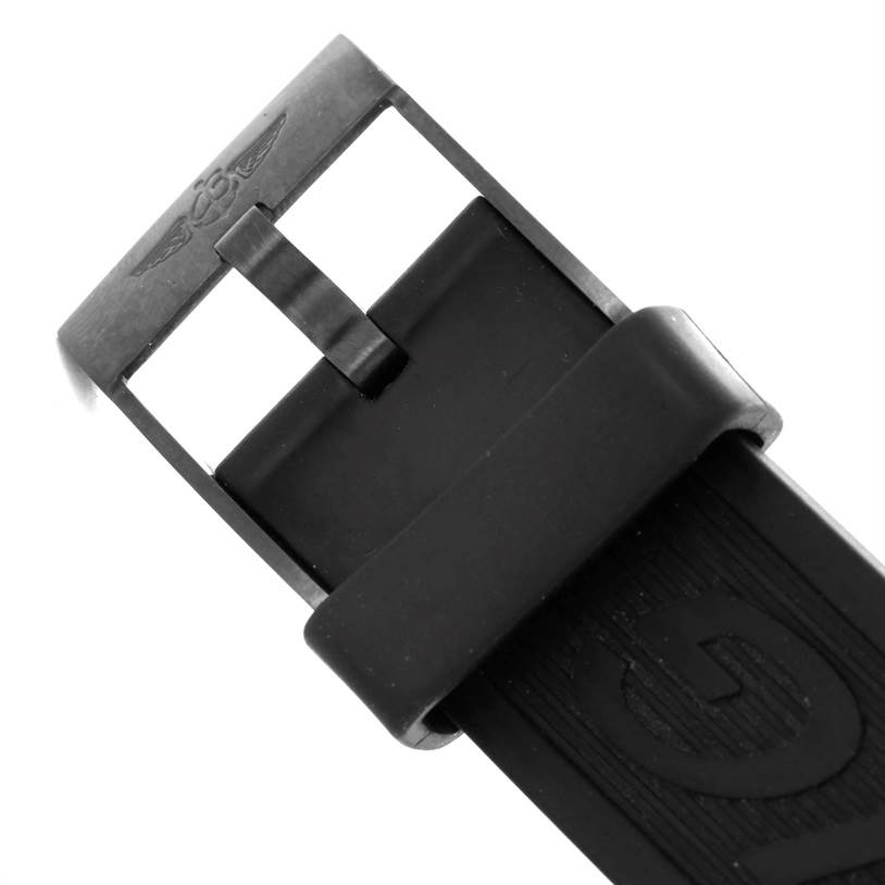 This image shows a close-up of a black rubber watch strap with the buckle of the Breitling Avenger M73390 Men's Stainless Steel Black Dial M73390 Men's Stainless Steel Black Dial model.