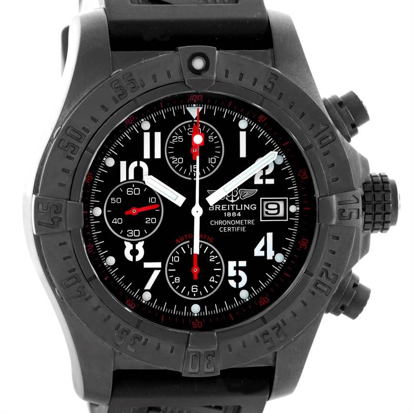 The image shows a front view of a Breitling Avenger M73390 Men's Stainless Steel Black Dial M73390 Men's Stainless Steel Black Dial watch displaying its black dial, subdials, date window, and bezel.