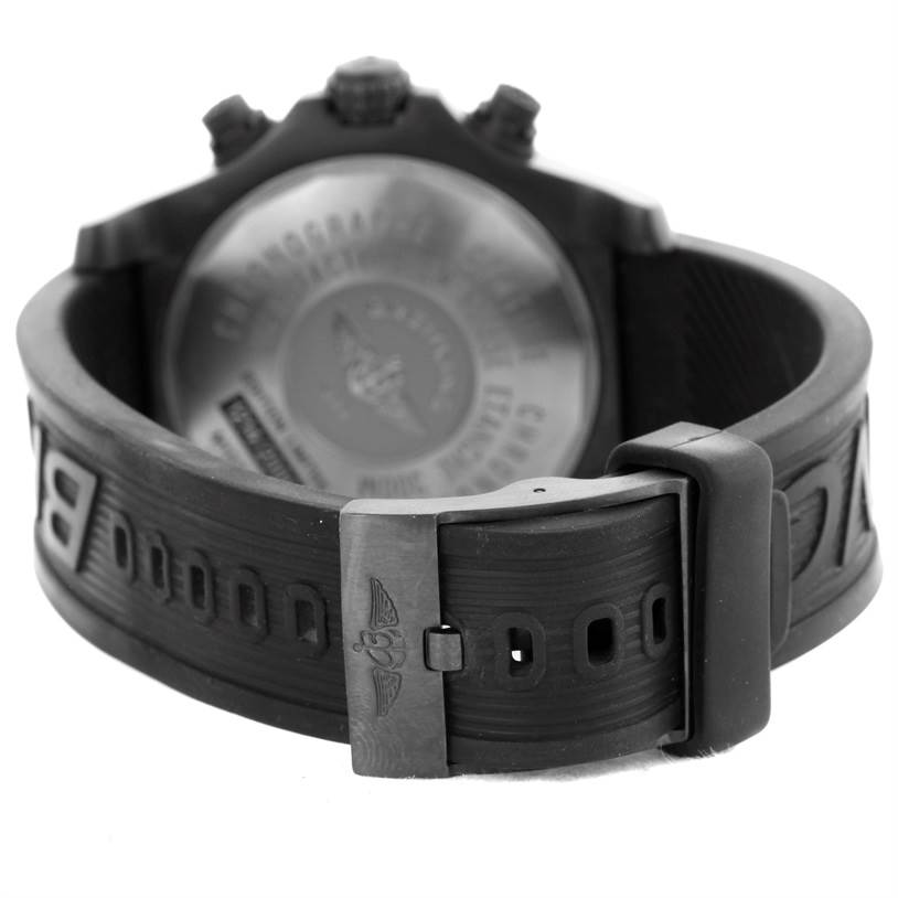 The image shows the back case and strap of a Breitling Avenger M73390 Men's Stainless Steel Black Dial M73390 Men's Stainless Steel Black Dial watch, emphasizing the engraved clasp and rubber band.