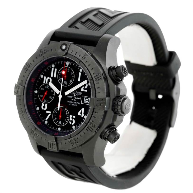 The Breitling Avenger M73390 Men's Stainless Steel Black Dial M73390 Men's Stainless Steel Black Dial watch is shown at an angle exposing the front face, bezel, crown, pushers, and black strap.