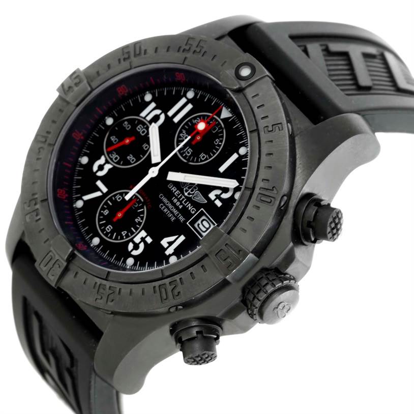 The image shows a side and front angle of the Breitling Avenger M73390 Men's Stainless Steel Black Dial M73390 Men's Stainless Steel Black Dial watch, highlighting its dial, bezel, and push buttons.