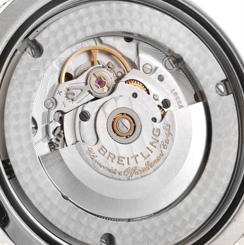 This image shows the open back of the Breitling Superocean A17320 Men's Stainless Steel Brown Dial A17320 Men's Stainless Steel Brown Dial watch, revealing the intricate mechanical movement.