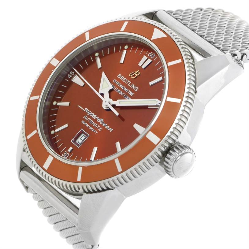 This image shows a Breitling Superocean A17320 Men's Stainless Steel Brown Dial A17320 Men's Stainless Steel Brown Dial watch at a slight angle, highlighting the bezel, dial, crown, and part of the mesh bracelet.