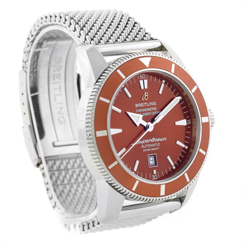 This Breitling Superocean A17320 Men's Stainless Steel Brown Dial A17320 Men's Stainless Steel Brown Dial watch is shown at an angle displaying its face, bezel, and mesh bracelet.
