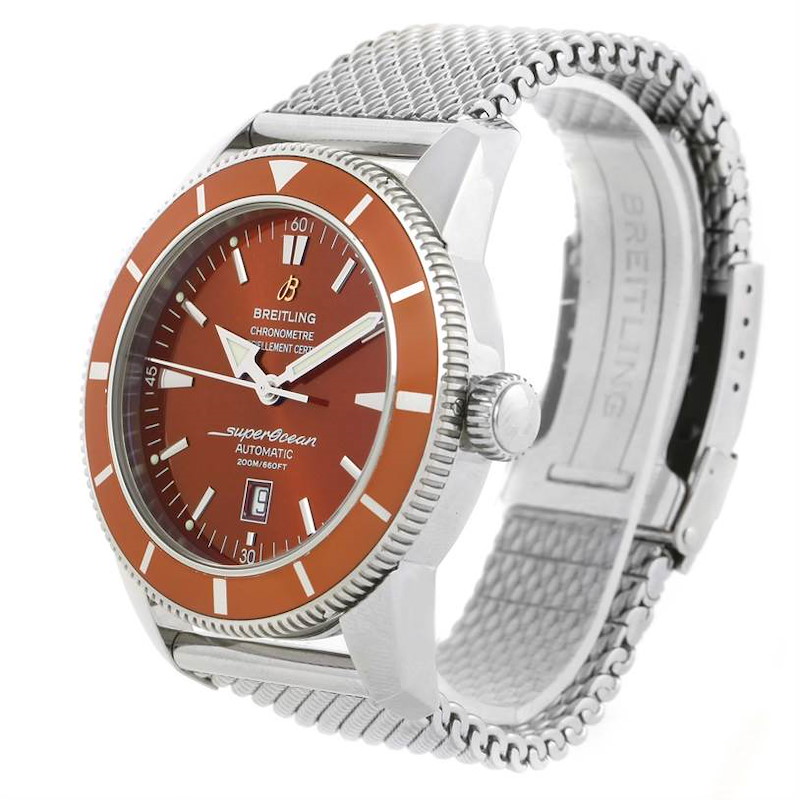 This image displays a Breitling Superocean A17320 Men's Stainless Steel Brown Dial A17320 Men's Stainless Steel Brown Dial model watch at an angled view, showing the face, bezel, crown, and metal mesh strap.