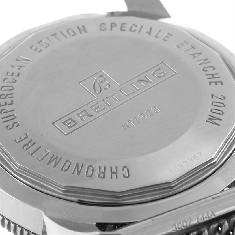 The image shows the case back of a Breitling Superocean A17320 Men's Stainless Steel Brown Dial A17320 Men's Stainless Steel Brown Dial watch, highlighting the engraved details and branding.