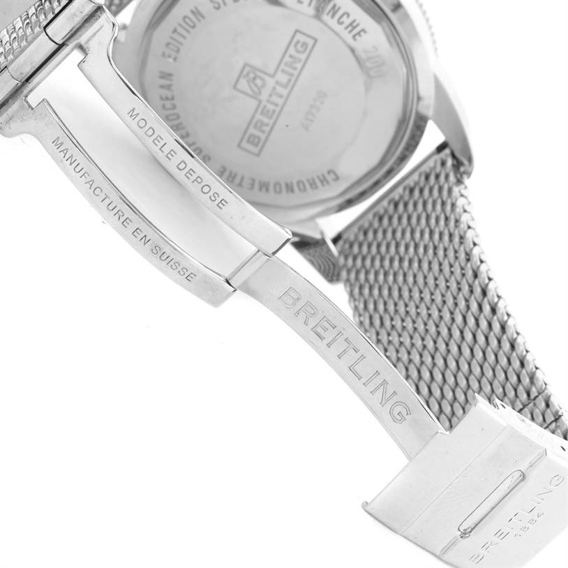 The image shows the clasp mechanism and back case of a Breitling Superocean A17320 Men's Stainless Steel Brown Dial A17320 Men's Stainless Steel Brown Dial watch.