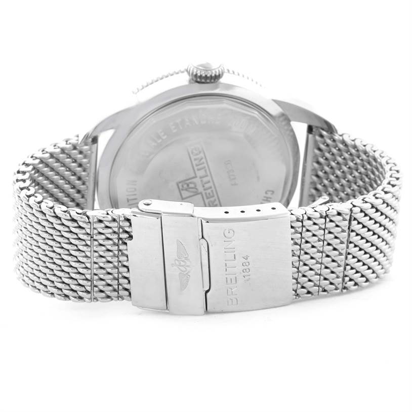This image shows the back case and stainless steel mesh bracelet clasp of a Breitling Superocean A17320 Men's Stainless Steel Brown Dial A17320 Men's Stainless Steel Brown Dial watch.