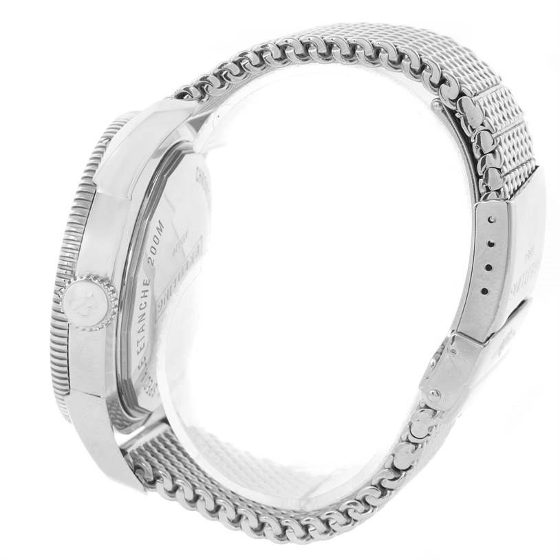 This side view of the Breitling Superocean A17320 Men's Stainless Steel Brown Dial A17320 Men's Stainless Steel Brown Dial watch shows the case, bezel, and metal bracelet.