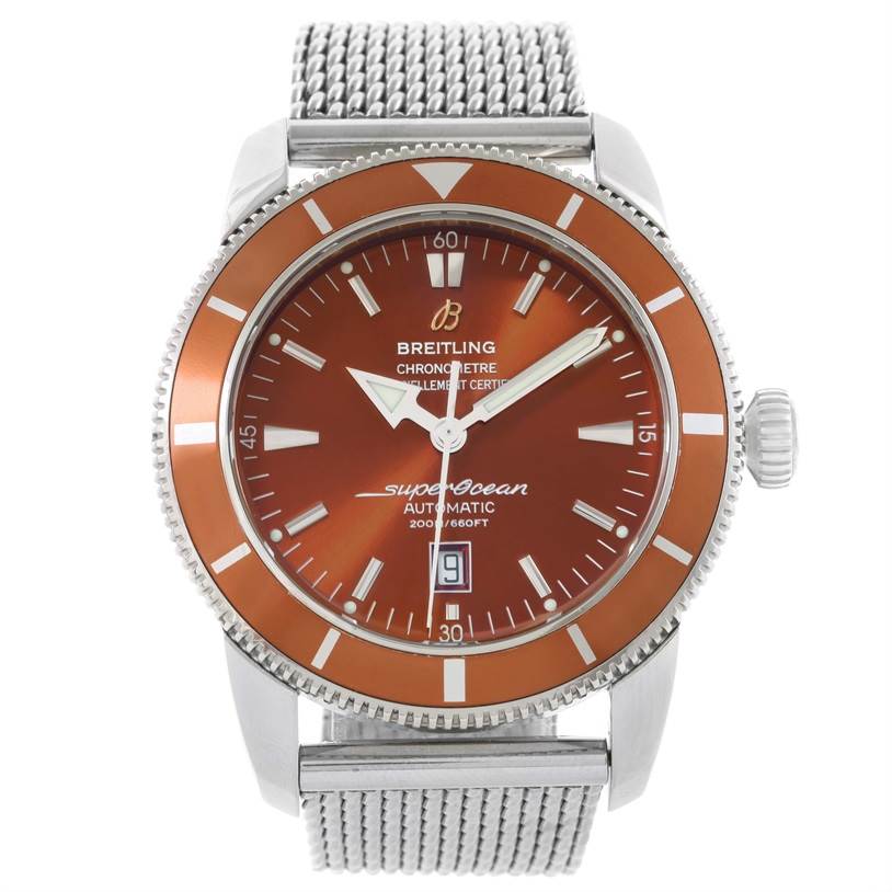 The image shows a front view of the Breitling Superocean A17320 Men's Stainless Steel Brown Dial A17320 Men's Stainless Steel Brown Dial watch, highlighting its dial, bezel, and mesh strap.