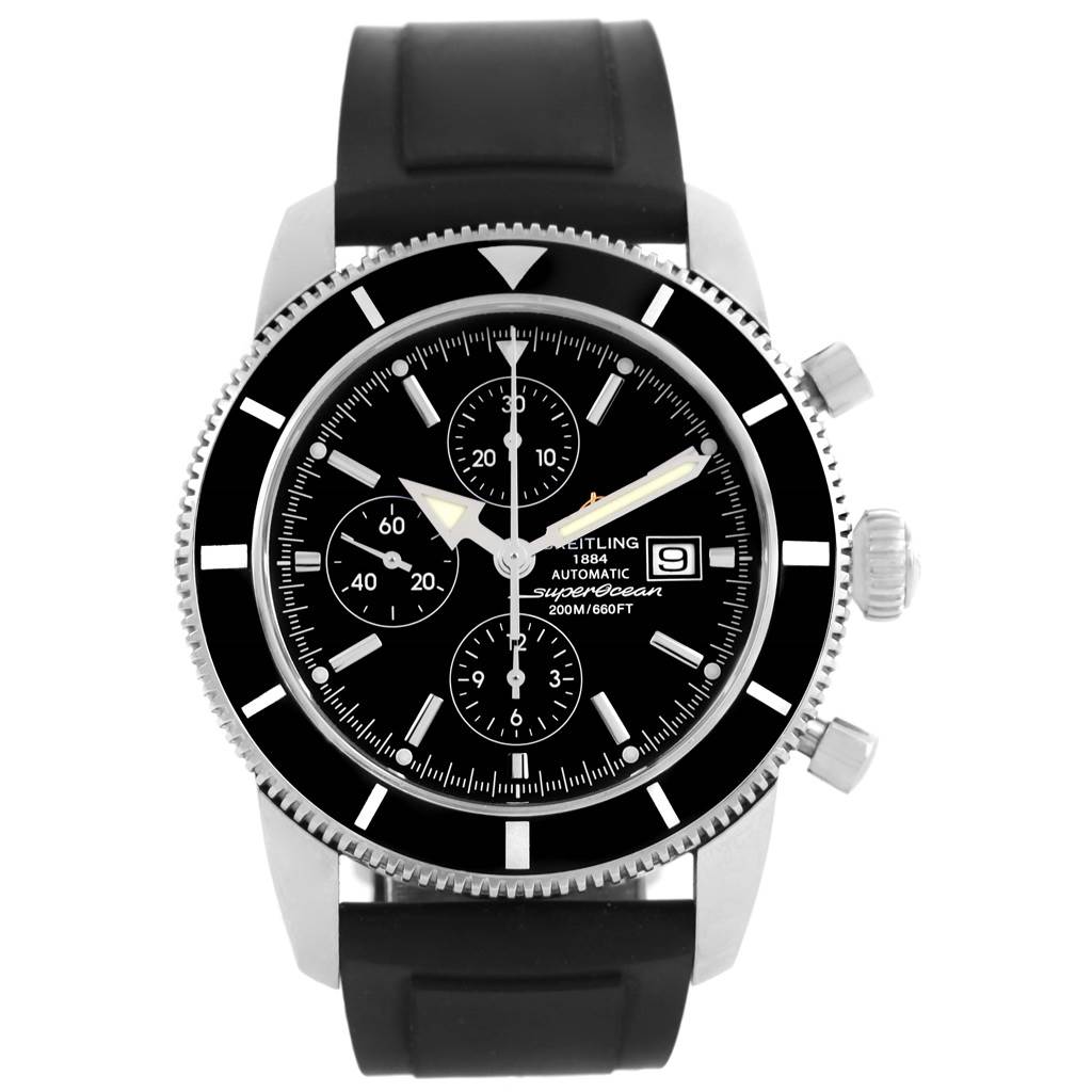 The image shows the face, bezel, and black rubber strap of the Breitling Superocean A13320 Men's Stainless Steel Black Dial A13320 Men's Stainless Steel Black Dial watch from a front angle.
