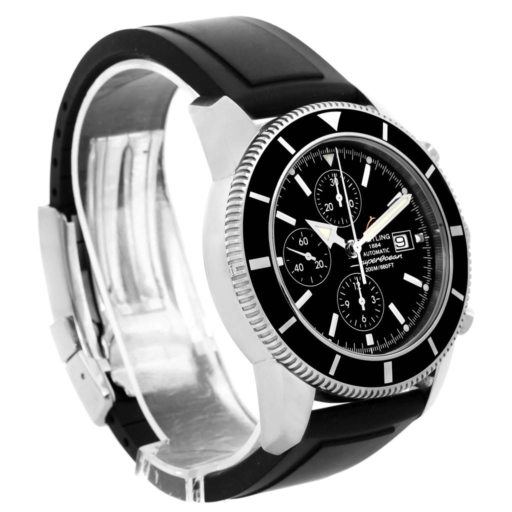 The Breitling Superocean A13320 Men's Stainless Steel Black Dial A13320 Men's Stainless Steel Black Dial watch is shown from a three-quarter angle, displaying the dial, bezel, crown, and rubber strap.