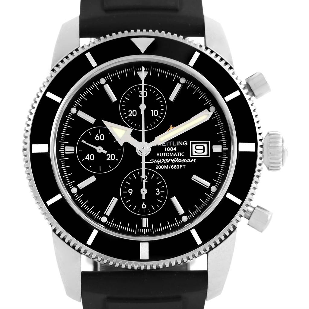 The image shows a front view of a Breitling Superocean A13320 Men's Stainless Steel Black Dial A13320 Men's Stainless Steel Black Dial watch, featuring its black dial, chronograph sub-dials, and date display.