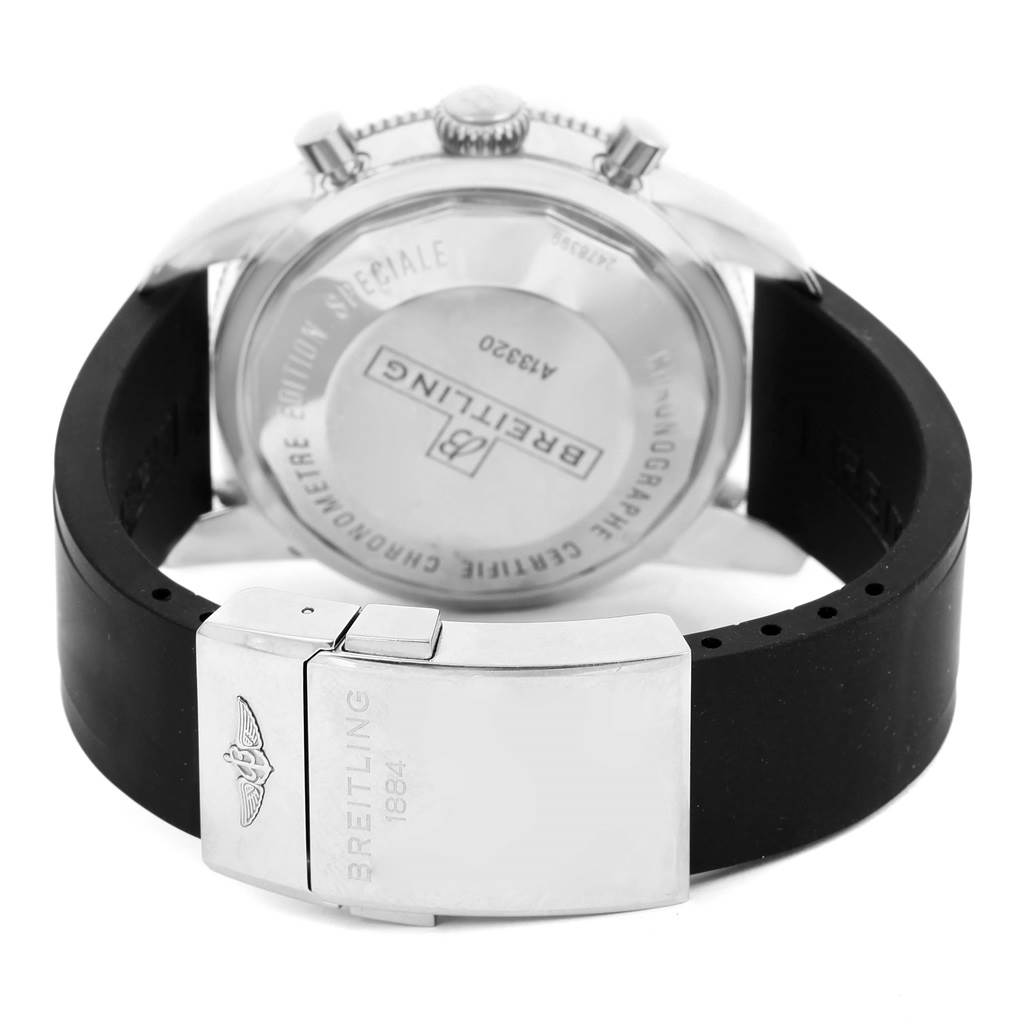 The image shows the back view of the Breitling Superocean A13320 Men's Stainless Steel Black Dial A13320 Men's Stainless Steel Black Dial watch, highlighting the case back and rubber strap with a branded clasp.