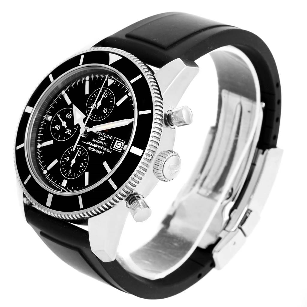 This image shows a Breitling Superocean A13320 Men's Stainless Steel Black Dial A13320 Men's Stainless Steel Black Dial watch at an angle highlighting its dial, bezel, pushers, crown, and rubber strap clasp.