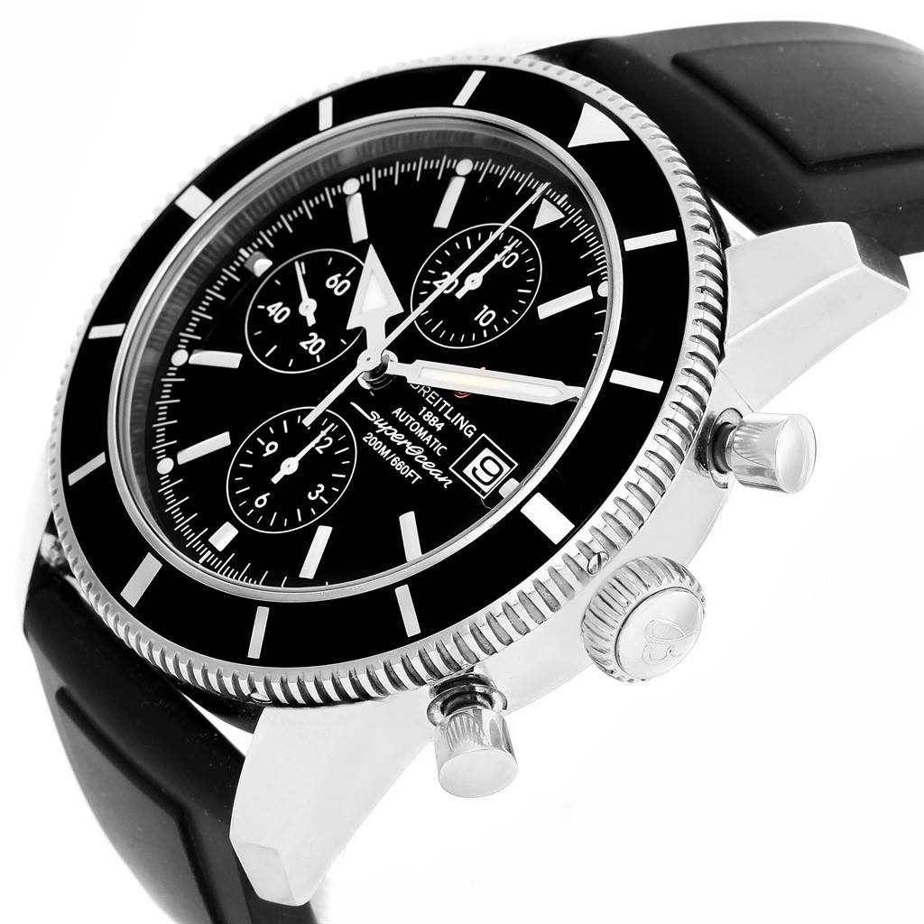 The image shows a Breitling Superocean A13320 Men's Stainless Steel Black Dial A13320 Men's Stainless Steel Black Dial watch from a side angle, highlighting the knobs, bezel, and part of the strap.