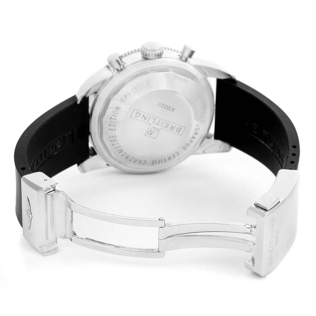 The image shows the back view of a Breitling Superocean A13320 Men's Stainless Steel Black Dial A13320 Men's Stainless Steel Black Dial watch, highlighting the case back, crown, pushers, and clasp.