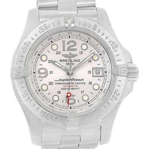 This image shows a front view of the Breitling Superocean A17390 Men's Stainless Steel Silver Dial A17390 Men's Stainless Steel Silver Dial watch, displaying its dial, bezel, and part of the metal bracelet.