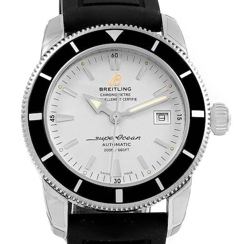 The image shows a front view of a Breitling Superocean A17321 Men's Stainless Steel Silver Dial A17321 Men's Stainless Steel Silver Dial watch, highlighting the face, bezel, crown, and part of the strap.