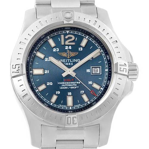 The image shows a frontal view of a Breitling Superocean A17388 Men's Stainless Steel Blue Dial A17388 Men's Stainless Steel Blue Dial watch, highlighting its blue dial, bezel, and stainless steel bracelet.