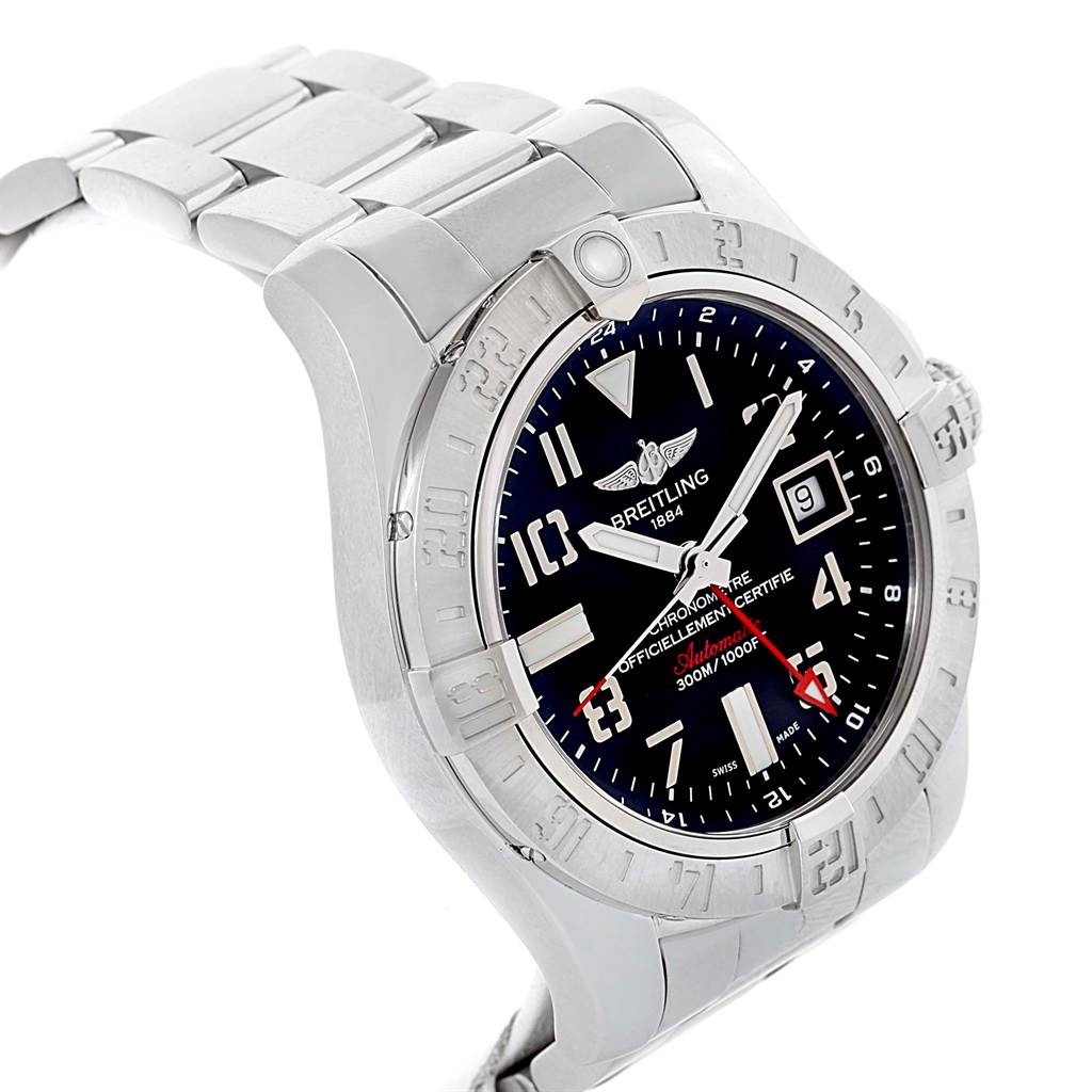 The Breitling Avenger A32390 Men's Stainless Steel Black Dial A32390 Men's Stainless Steel Black Dial watch is shown at a tilted angle, highlighting the bracelet, bezel, and dial.