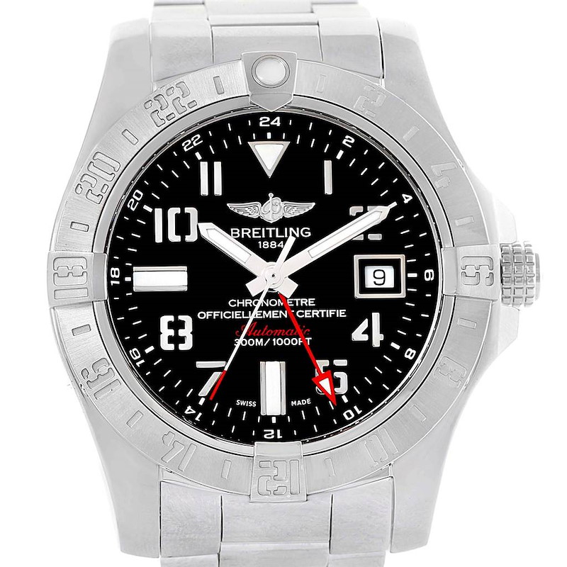The image shows a front view of the Breitling Avenger A32390 Men's Stainless Steel Black Dial A32390 Men's Stainless Steel Black Dial watch, highlighting its dial, bezel, markers, and date window.