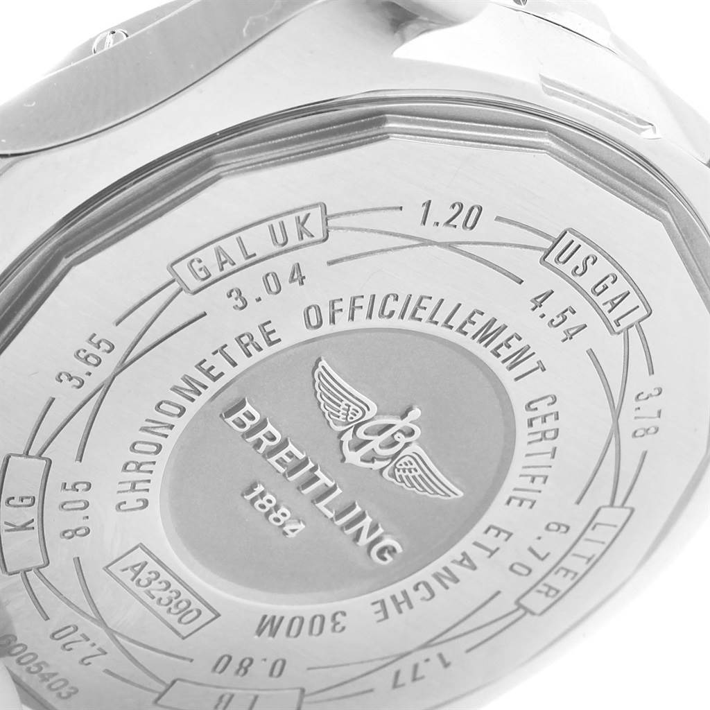 The image shows the back case of the Breitling Avenger A32390 Men's Stainless Steel Black Dial A32390 Men's Stainless Steel Black Dial watch at a slight angle, displaying its engraved details.