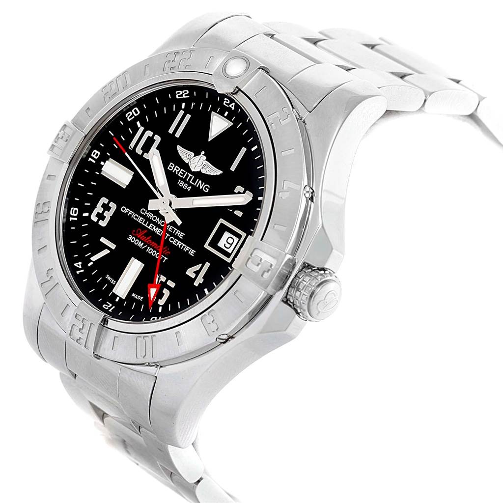 The image shows a Breitling Avenger A32390 Men's Stainless Steel Black Dial A32390 Men's Stainless Steel Black Dial watch at a slight side angle, highlighting the face, bezel, crown, and bracelet.