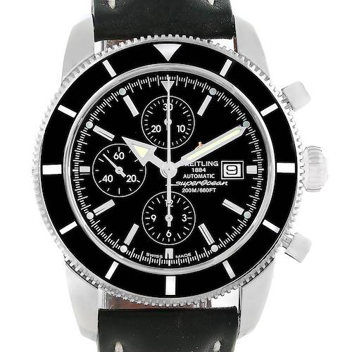 The image shows a front view of a Breitling Superocean A13320 Men's Stainless Steel Black Dial A13320 Men's Stainless Steel Black Dial watch, highlighting its black dial, subdials, and date window.