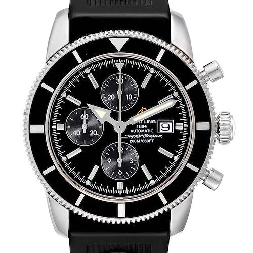 This image shows a front view of the Breitling Superocean A13320 Men's Stainless Steel Black Dial A13320 Men's Stainless Steel Black Dial watch, highlighting the dial, bezel, and chronograph features.