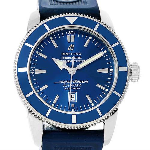 The image shows a front view of a Breitling Superocean A17320 Men's Stainless Steel Blue Dial A17320 Men's Stainless Steel Blue Dial watch, highlighting the dial, hands, bezel, and part of the strap.