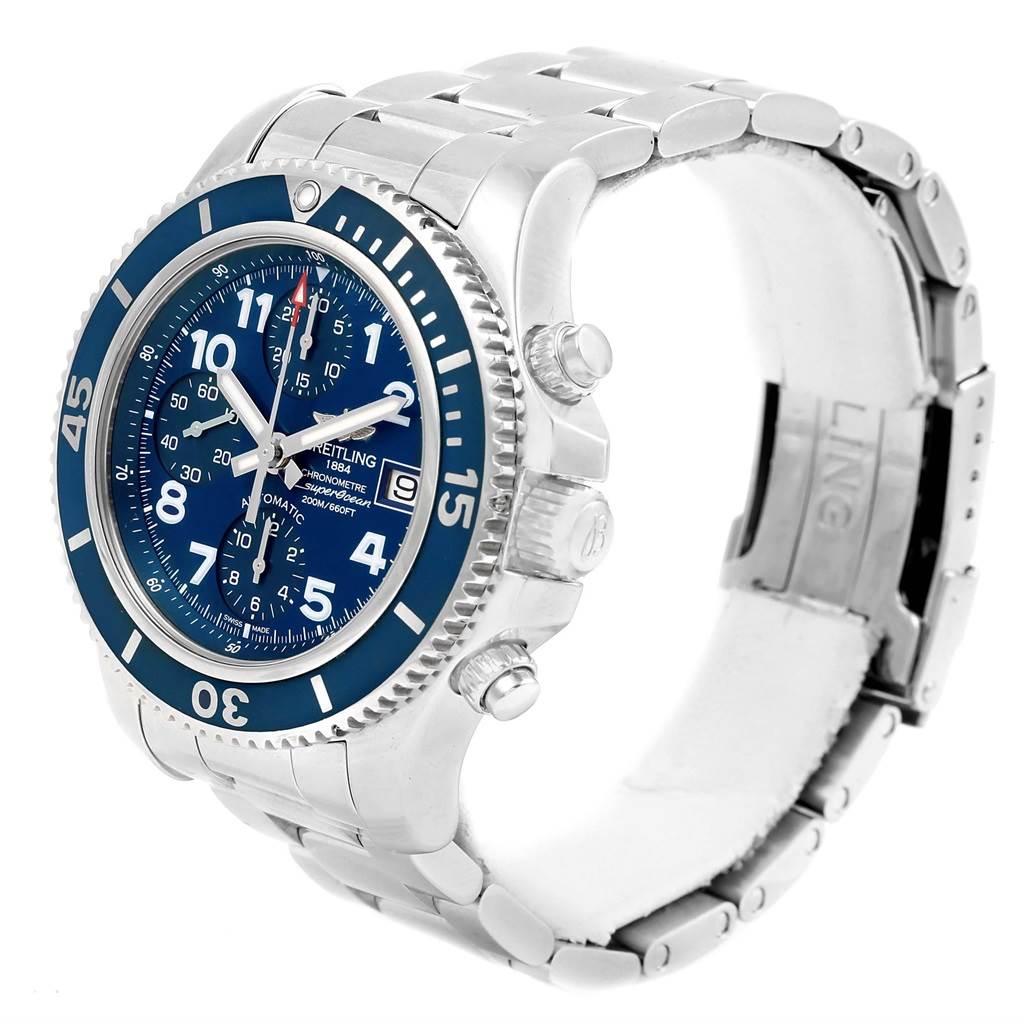 The image shows a Breitling Superocean A13311 Men's Stainless Steel Blue Dial A13311 Men's Stainless Steel Blue Dial watch at a three-quarter angle, displaying the blue dial, bezel, and metal bracelet.