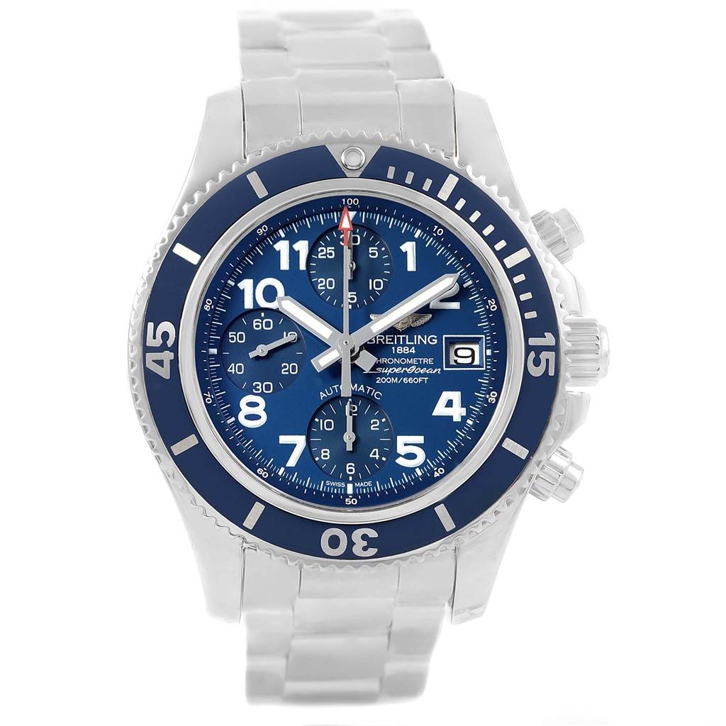 This image shows a front view of a Breitling Superocean A13311 Men's Stainless Steel Blue Dial A13311 Men's Stainless Steel Blue Dial watch, highlighting its dial, bezel, and metal bracelet.